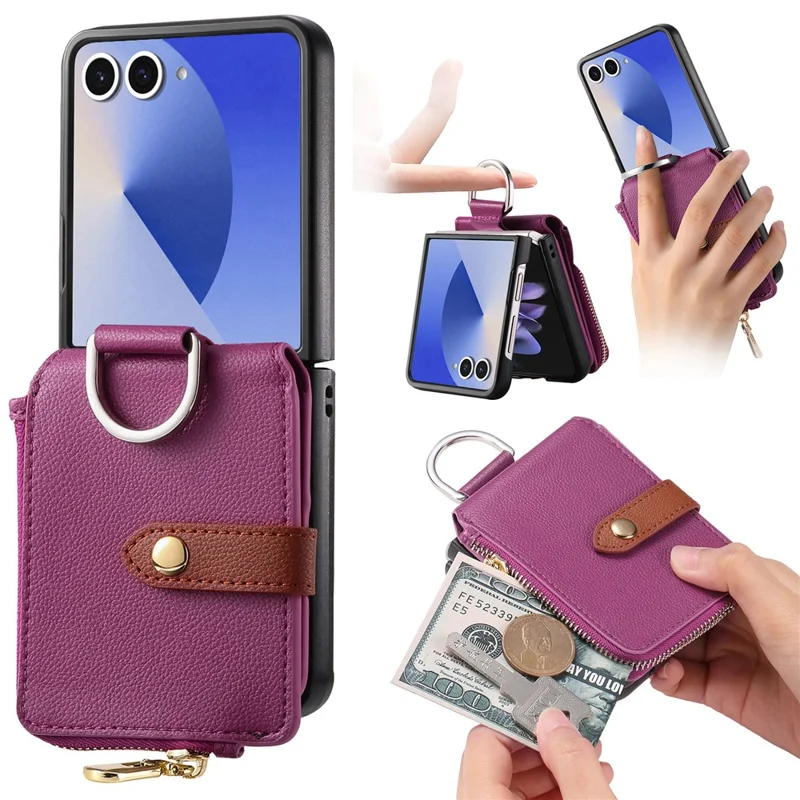 Étui pour Samsung Galaxy Z Flip7 5G avec Pochette à Fermeture Éclair en Cuir + Coque de Téléphone en PC avec Anneau de Support - Violet