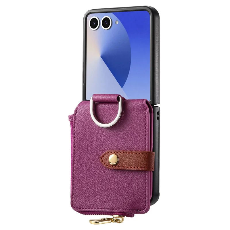 Étui pour Samsung Galaxy Z Flip7 5G avec Pochette à Fermeture Éclair en Cuir + Coque de Téléphone en PC avec Anneau de Support - Violet