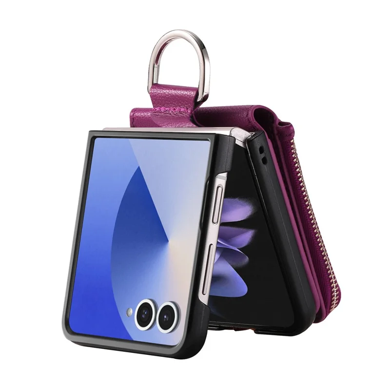 Étui pour Samsung Galaxy Z Flip7 5G avec Pochette à Fermeture Éclair en Cuir + Coque de Téléphone en PC avec Anneau de Support - Violet