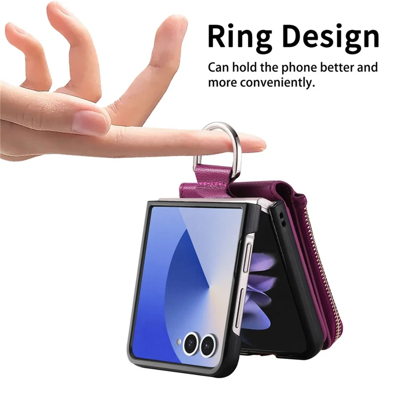 Étui pour Samsung Galaxy Z Flip7 5G avec Pochette à Fermeture Éclair en Cuir + Coque de Téléphone en PC avec Anneau de Support - Violet