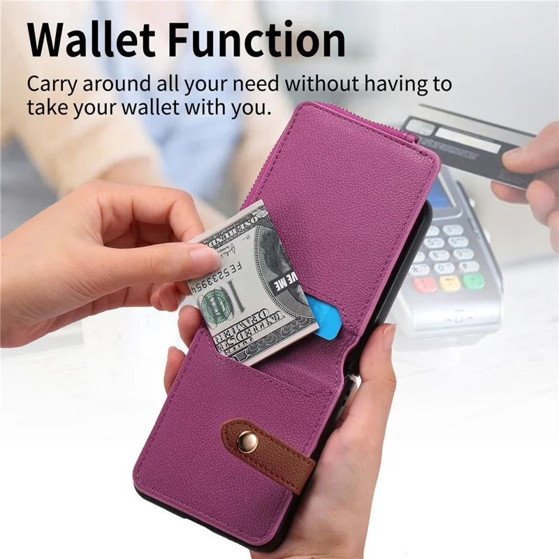Étui pour Samsung Galaxy Z Flip7 5G avec Pochette à Fermeture Éclair en Cuir + Coque de Téléphone en PC avec Anneau de Support - Violet