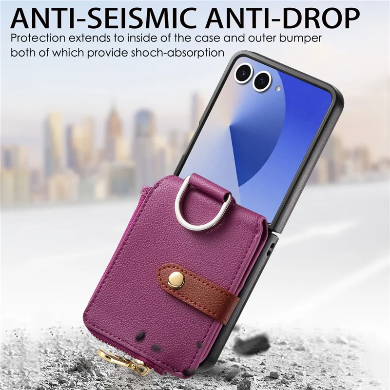 Étui pour Samsung Galaxy Z Flip7 5G avec Pochette à Fermeture Éclair en Cuir + Coque de Téléphone en PC avec Anneau de Support - Violet
