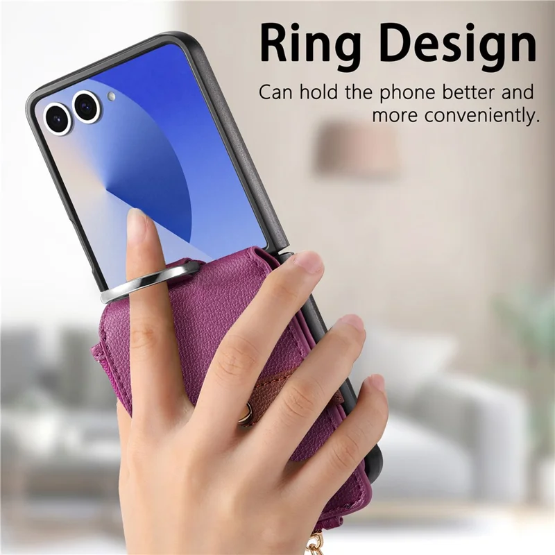 Étui pour Samsung Galaxy Z Flip7 5G avec Pochette à Fermeture Éclair en Cuir + Coque de Téléphone en PC avec Anneau de Support - Violet