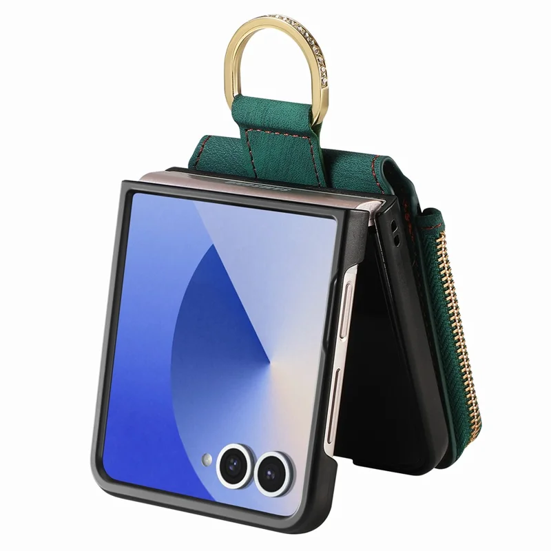 Для чехла Samsung Galaxy Z Flip7 5G с застежкой-молнией, держателем для карт, ретро-текстурой и кожаной задней крышкой - зеленый