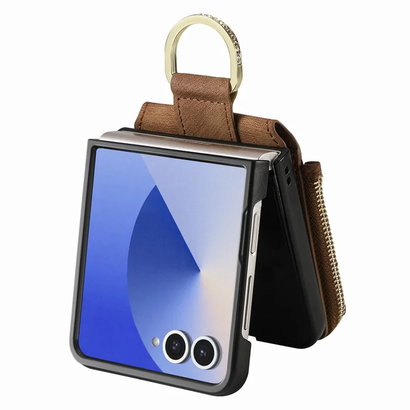 For Samsung Galaxy Z Flip7 5G Case Zipper Pocket Card Holder Retro Texture Leather Back Cover - Brown