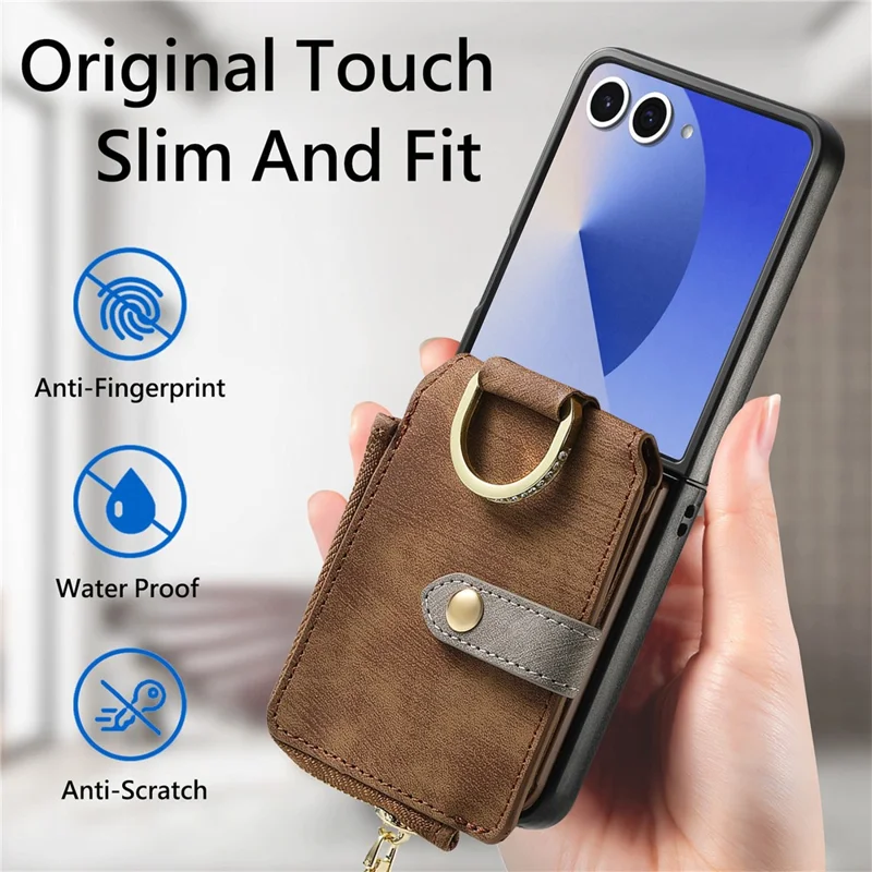 For Samsung Galaxy Z Flip7 5G Case Zipper Pocket Card Holder Retro Texture Leather Back Cover - Brown