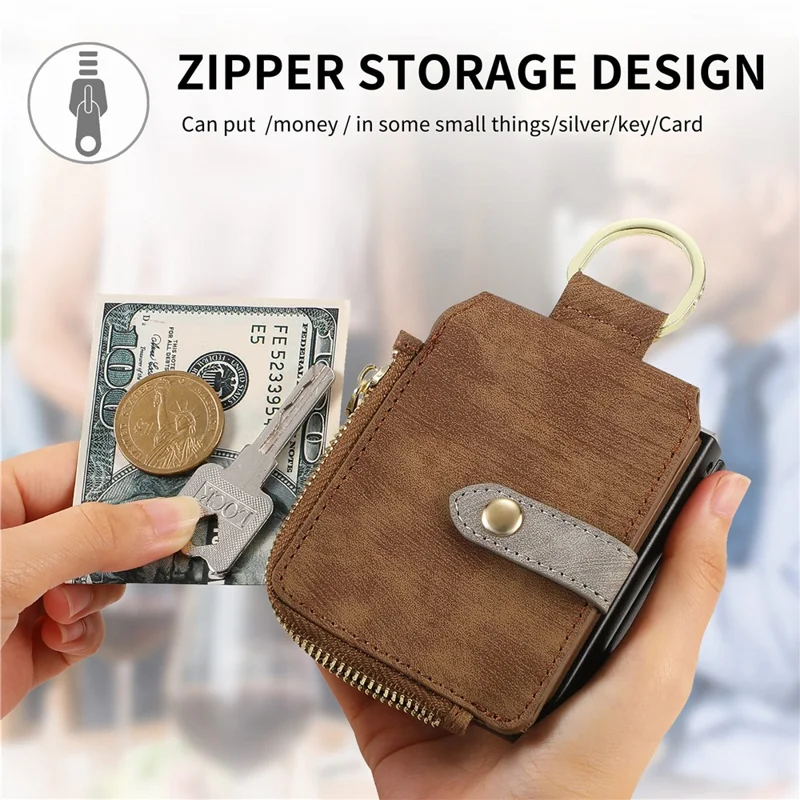 For Samsung Galaxy Z Flip7 5G Case Zipper Pocket Card Holder Retro Texture Leather Back Cover - Brown