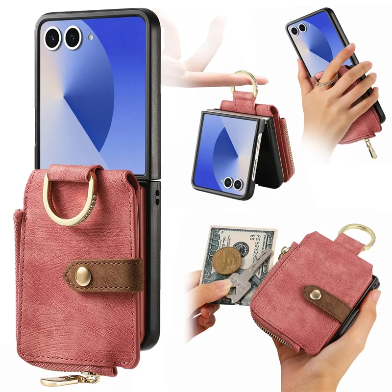 For Samsung Galaxy Z Flip7 5G Case Zipper Pocket Card Holder Retro Texture Leather Back Cover - Pink