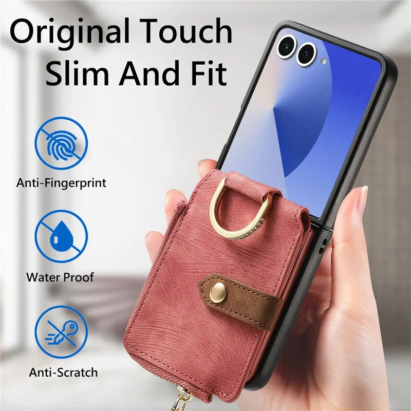 For Samsung Galaxy Z Flip7 5G Case Zipper Pocket Card Holder Retro Texture Leather Back Cover - Pink