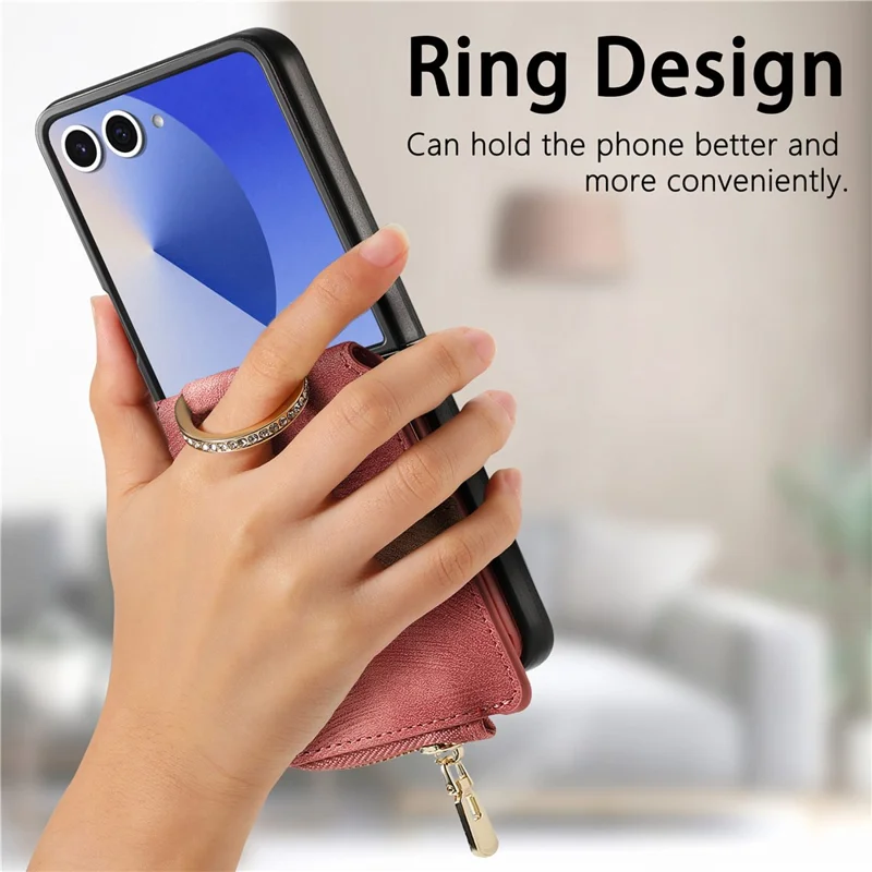 For Samsung Galaxy Z Flip7 5G Case Zipper Pocket Card Holder Retro Texture Leather Back Cover - Pink