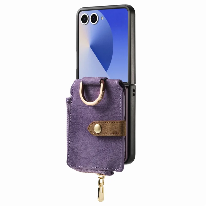 Für Samsung Galaxy Z Flip7 5G Hülle mit Reißverschlusstasche Kartenhalter Retro-Textur Lederhülle - Lila
