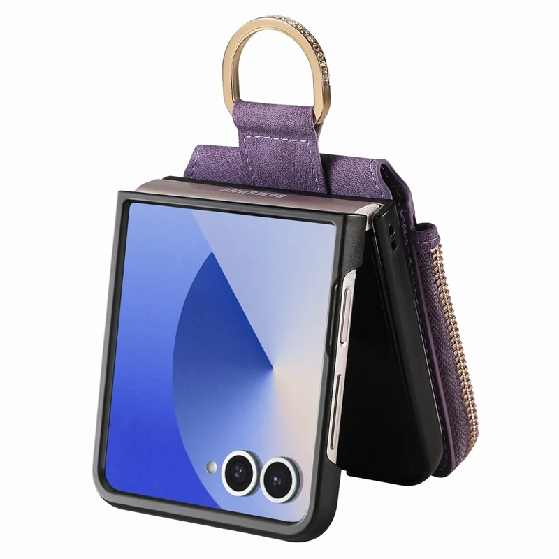 Für Samsung Galaxy Z Flip7 5G Hülle mit Reißverschlusstasche Kartenhalter Retro-Textur Lederhülle - Lila