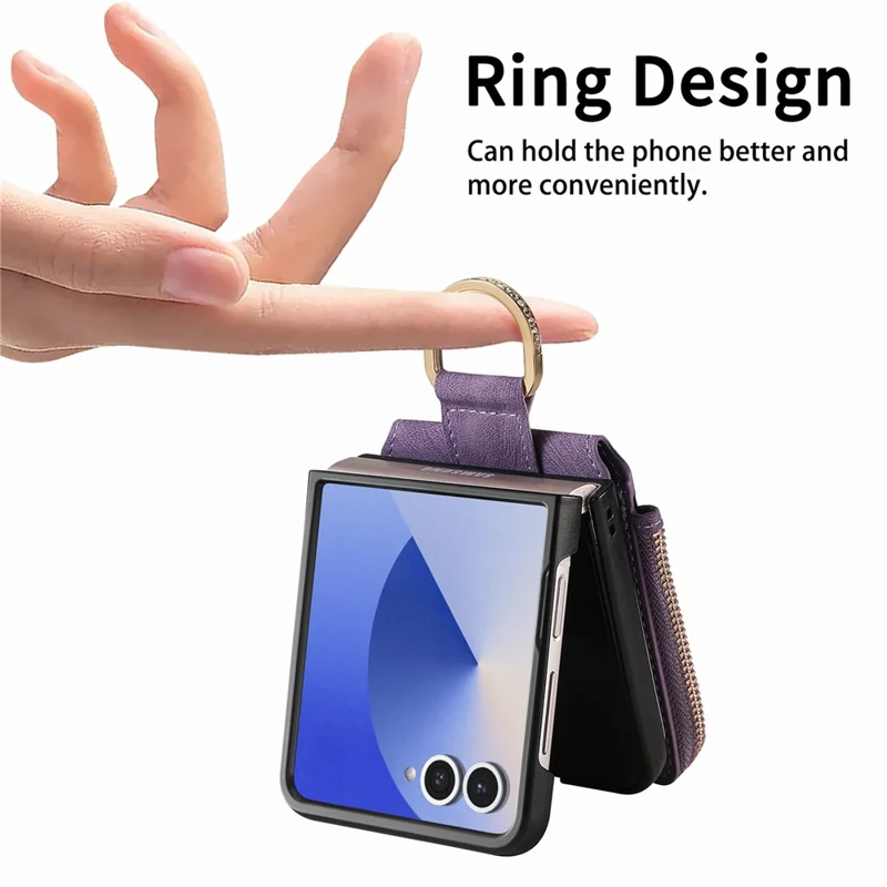 Für Samsung Galaxy Z Flip7 5G Hülle mit Reißverschlusstasche Kartenhalter Retro-Textur Lederhülle - Lila