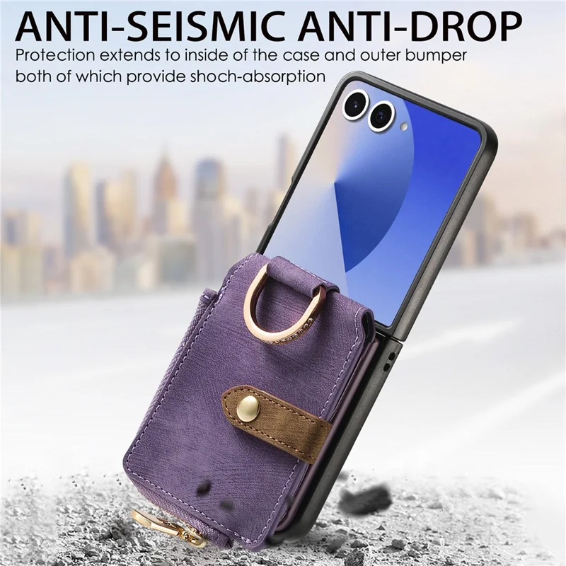 Für Samsung Galaxy Z Flip7 5G Hülle mit Reißverschlusstasche Kartenhalter Retro-Textur Lederhülle - Lila