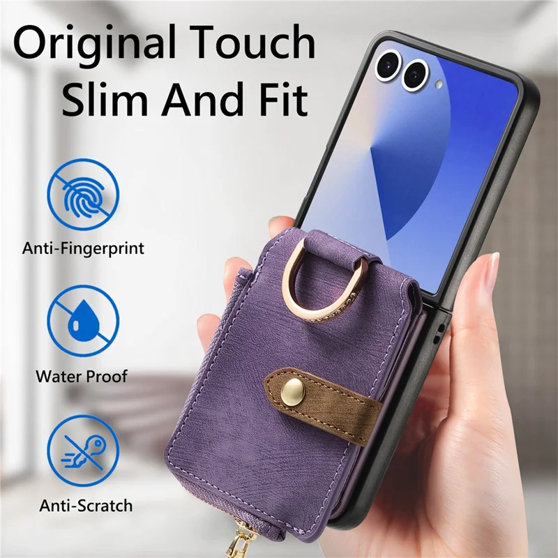 Für Samsung Galaxy Z Flip7 5G Hülle mit Reißverschlusstasche Kartenhalter Retro-Textur Lederhülle - Lila
