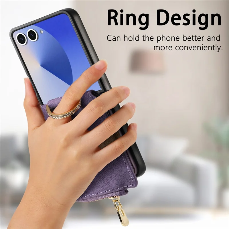 Für Samsung Galaxy Z Flip7 5G Hülle mit Reißverschlusstasche Kartenhalter Retro-Textur Lederhülle - Lila