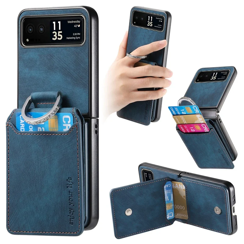 Чехол для Motorola Razr 40 5G с держателем карты, подставкой, ретро текстурой и кожаной задней крышкой - Синий