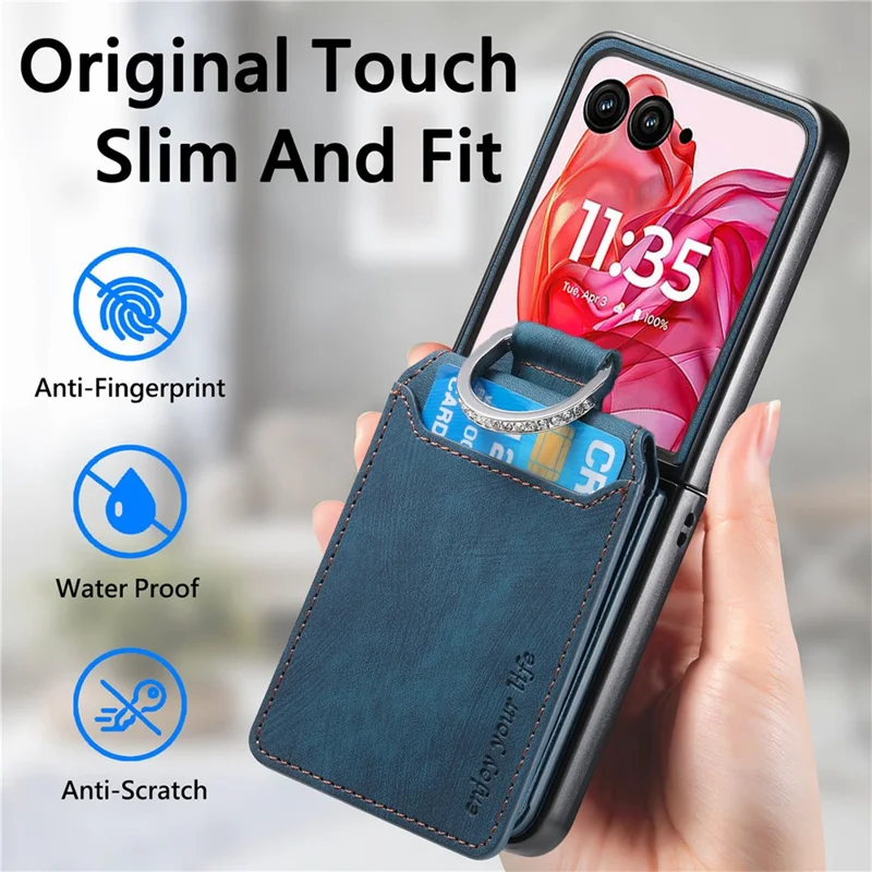 Для Motorola Razr 50 Ultra 5G чехол Держатель для карт Подставка Ретро текстура Кожаная задняя крышка - Синий