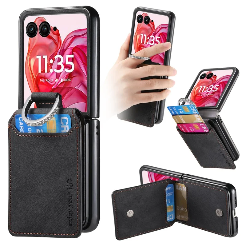 For Motorola Razr 50 Ultra 5G Case Card Holder Kickstand Retro Texture Leather Back Cover - Black