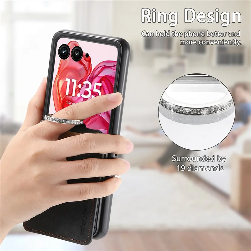 For Motorola Razr 50 Ultra 5G Case Card Holder Kickstand Retro Texture Leather Back Cover - Black