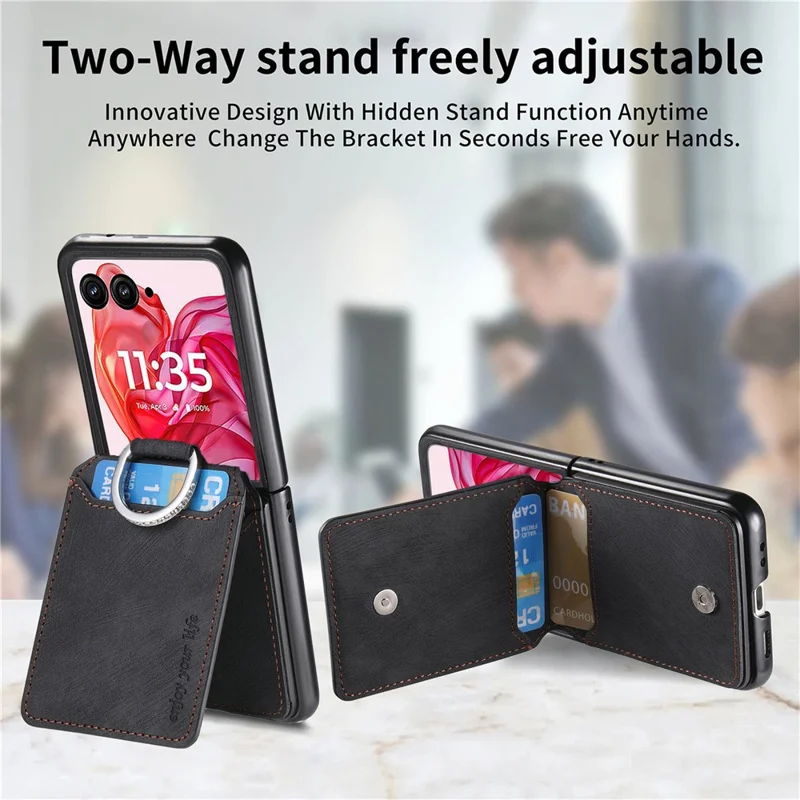 For Motorola Razr 50 Ultra 5G Case Card Holder Kickstand Retro Texture Leather Back Cover - Black