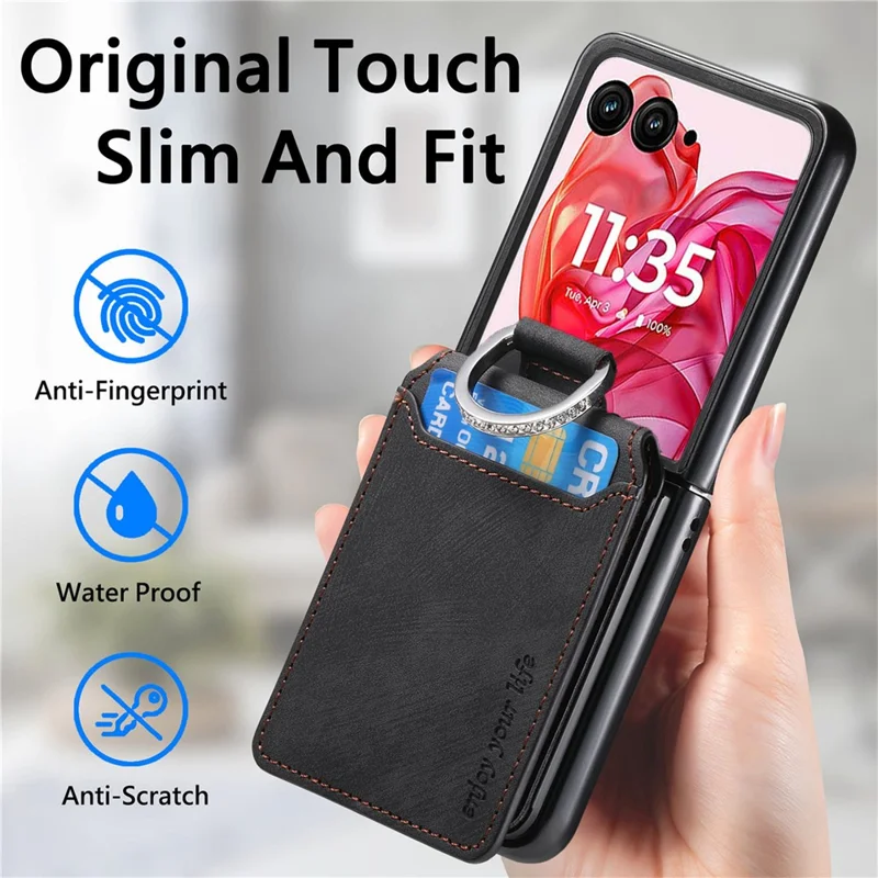 For Motorola Razr 50 Ultra 5G Case Card Holder Kickstand Retro Texture Leather Back Cover - Black