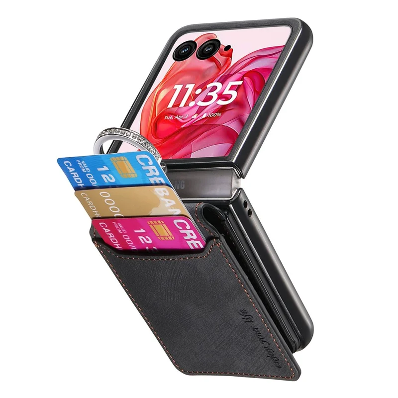 For Motorola Razr 50 Ultra 5G Case Card Holder Kickstand Retro Texture Leather Back Cover - Black
