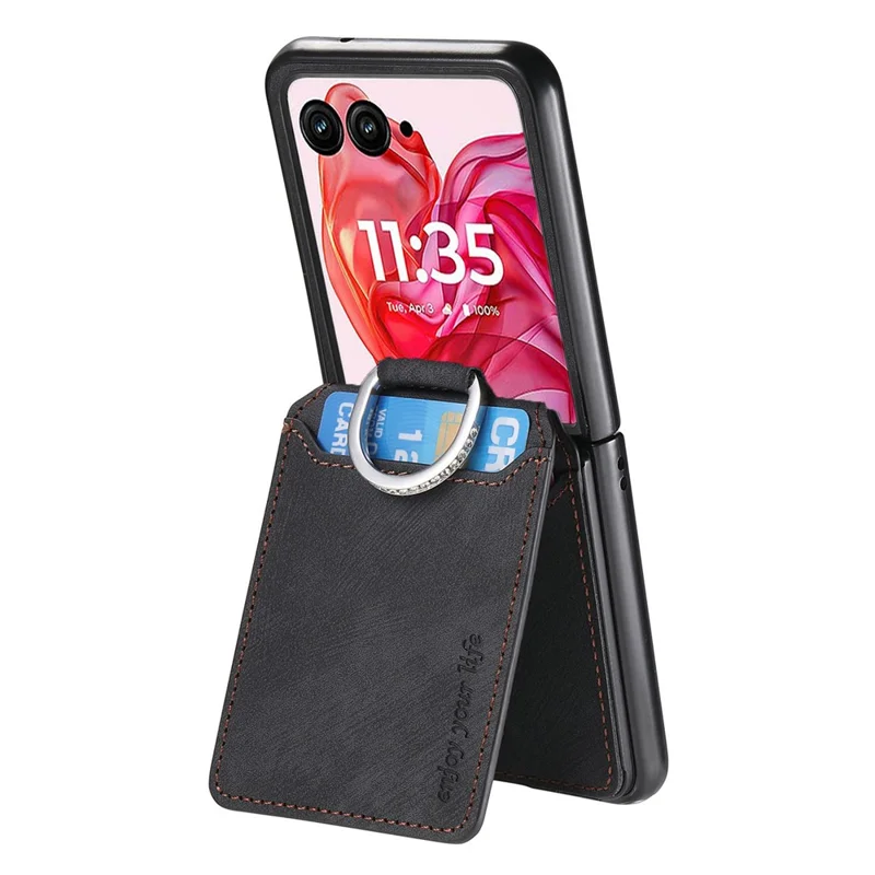 For Motorola Razr 50 Ultra 5G Case Card Holder Kickstand Retro Texture Leather Back Cover - Black