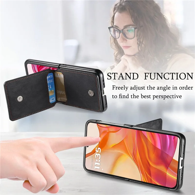 For Motorola Razr 50 Ultra 5G Case Card Holder Kickstand Retro Texture Leather Back Cover - Black