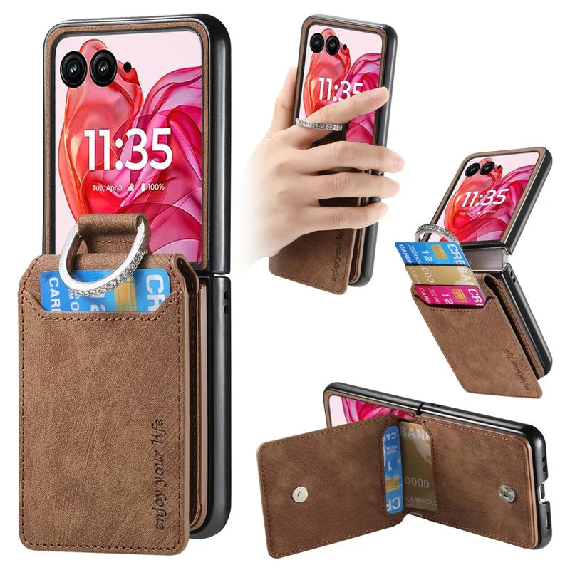 For Motorola Razr 50 Ultra 5G Case Card Holder Kickstand Retro Texture Leather Back Cover - Brown