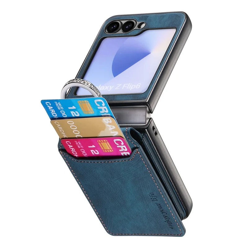Чехол для Samsung Galaxy Z Flip5 5G с держателем карты, подставкой, ретро-текстурой и кожаной задней крышкой - Синий