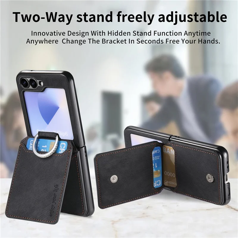 For Samsung Galaxy Z Flip5 5G Case Card Holder Kickstand Retro Texture Leather Back Cover - Black