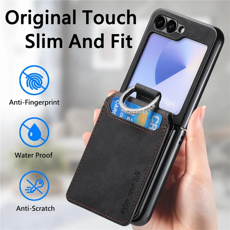 For Samsung Galaxy Z Flip5 5G Case Card Holder Kickstand Retro Texture Leather Back Cover - Black