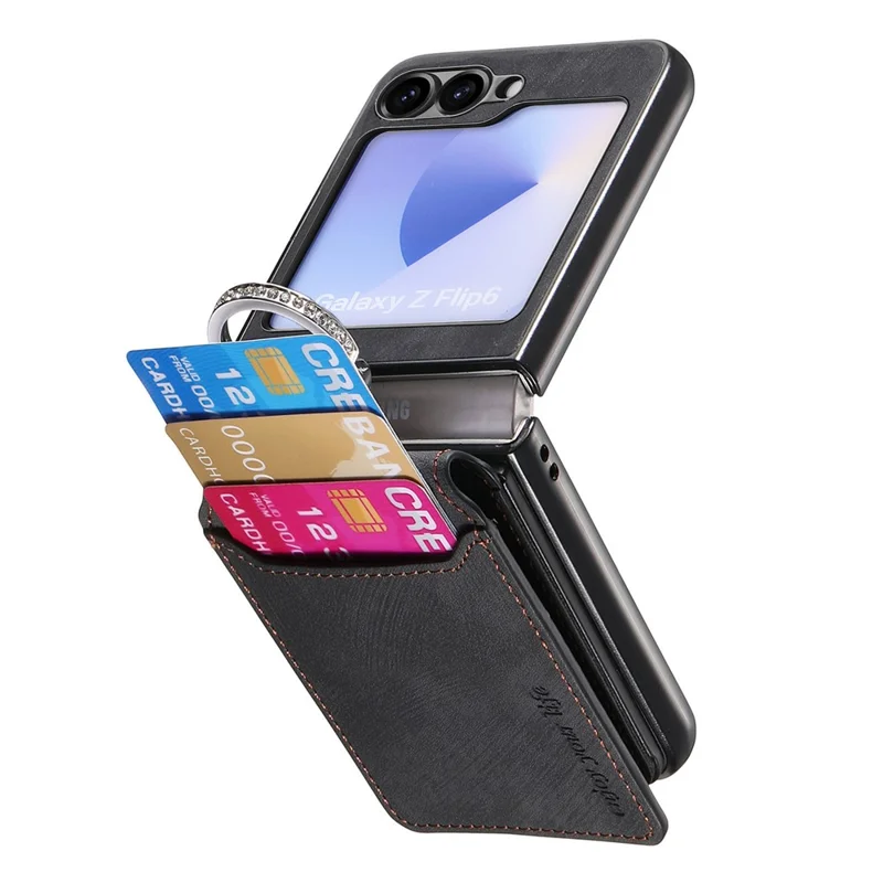 For Samsung Galaxy Z Flip5 5G Case Card Holder Kickstand Retro Texture Leather Back Cover - Black