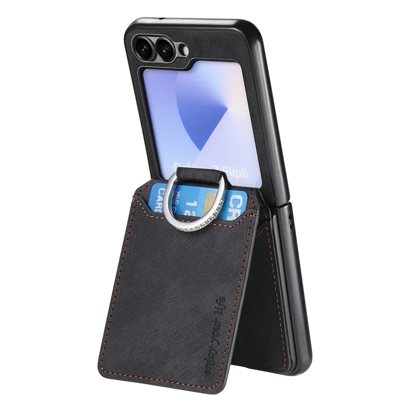 For Samsung Galaxy Z Flip5 5G Case Card Holder Kickstand Retro Texture Leather Back Cover - Black