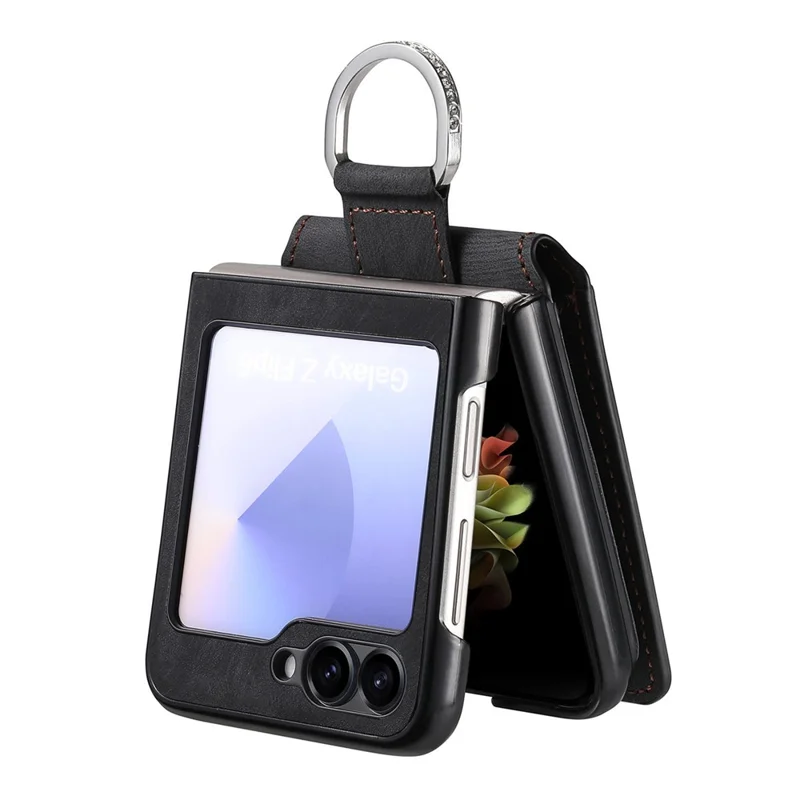 For Samsung Galaxy Z Flip5 5G Case Card Holder Kickstand Retro Texture Leather Back Cover - Black