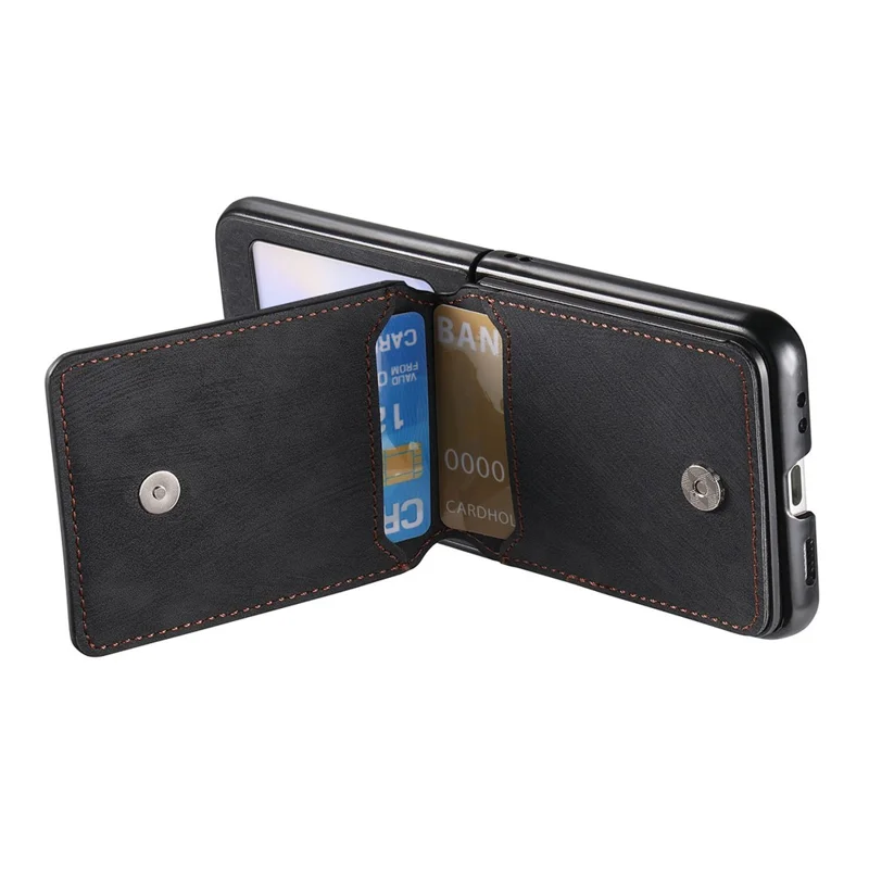For Samsung Galaxy Z Flip5 5G Case Card Holder Kickstand Retro Texture Leather Back Cover - Black