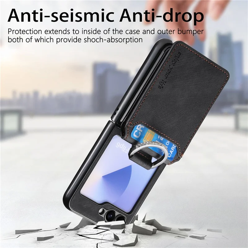 For Samsung Galaxy Z Flip5 5G Case Card Holder Kickstand Retro Texture Leather Back Cover - Black