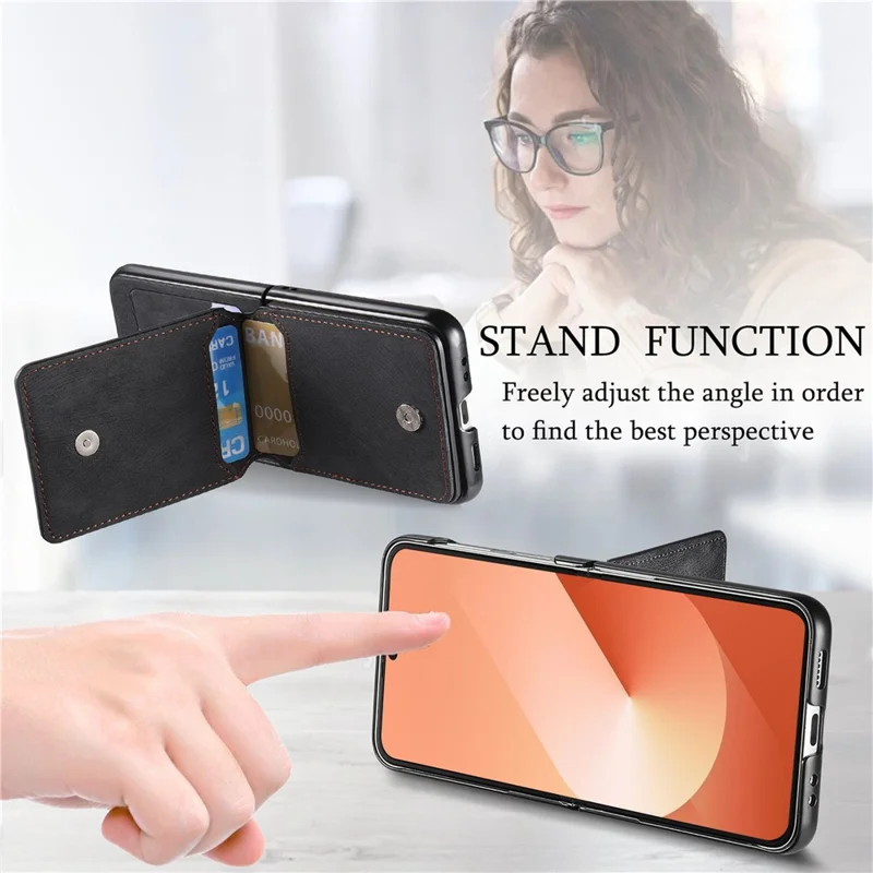 For Samsung Galaxy Z Flip5 5G Case Card Holder Kickstand Retro Texture Leather Back Cover - Black