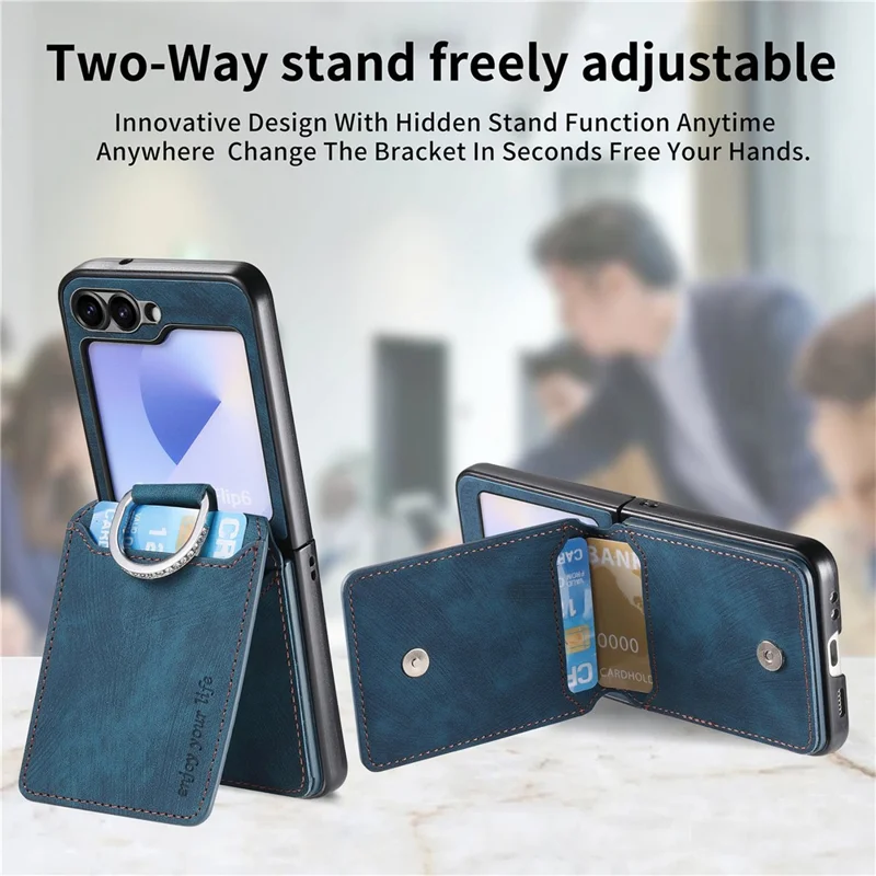 Чехол для Samsung Galaxy Z Flip6 5G с держателем карт, подставкой и ретро-текстурой кожаной задней крышки - Синий