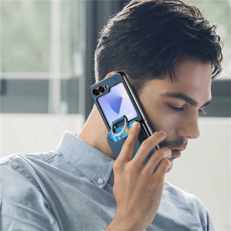 Чехол для Samsung Galaxy Z Flip6 5G с держателем карт, подставкой и ретро-текстурой кожаной задней крышки - Синий