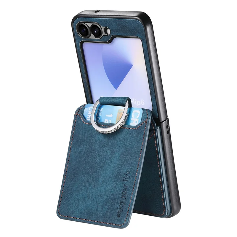 Чехол для Samsung Galaxy Z Flip6 5G с держателем карт, подставкой и ретро-текстурой кожаной задней крышки - Синий