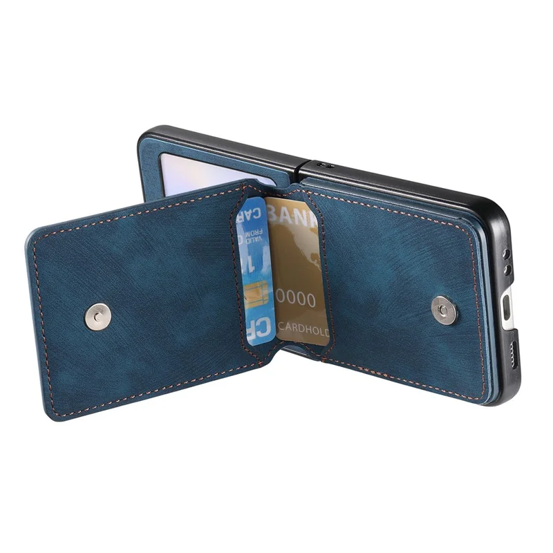 Чехол для Samsung Galaxy Z Flip6 5G с держателем карт, подставкой и ретро-текстурой кожаной задней крышки - Синий