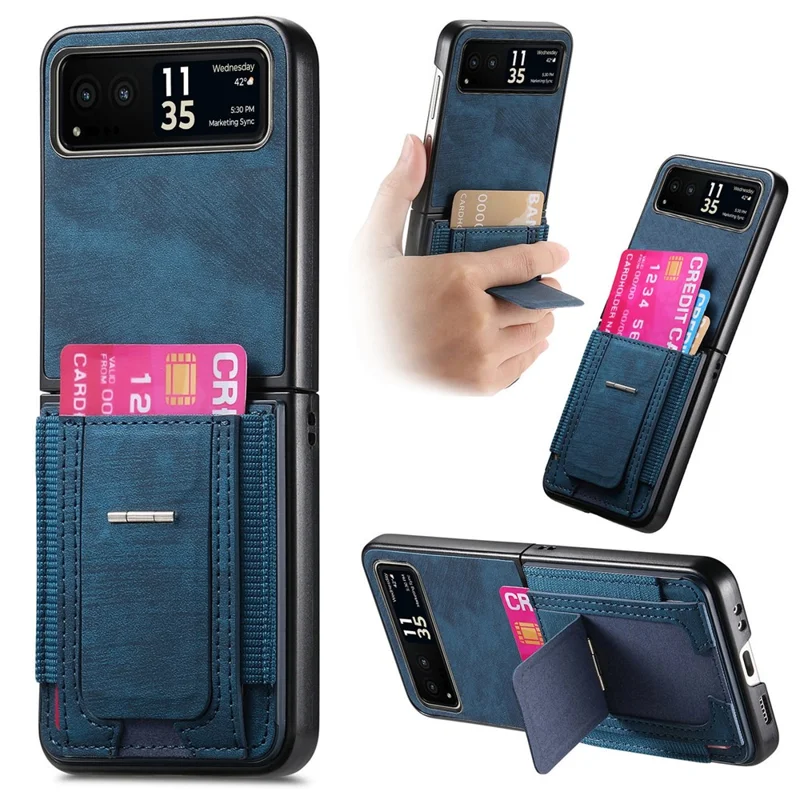 For Motorola Razr 40 5G Case Kickstand Retro Leather Back Cover with Card Holder - Blue