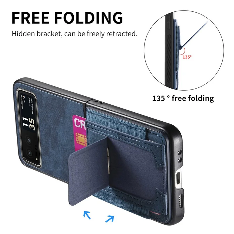 For Motorola Razr 40 5G Case Kickstand Retro Leather Back Cover with Card Holder - Blue