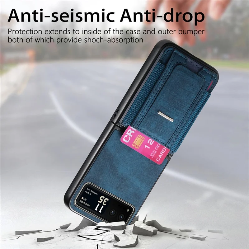 For Motorola Razr 40 5G Case Kickstand Retro Leather Back Cover with Card Holder - Blue