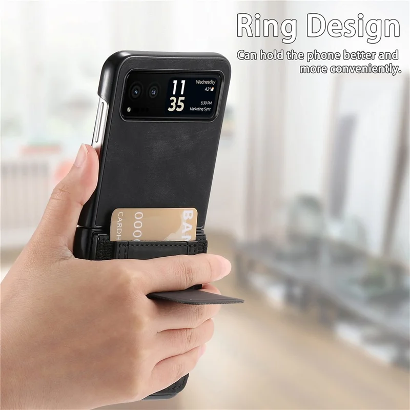 For Motorola Razr 40 5G Case Kickstand Retro Leather Back Cover with Card Holder - Black