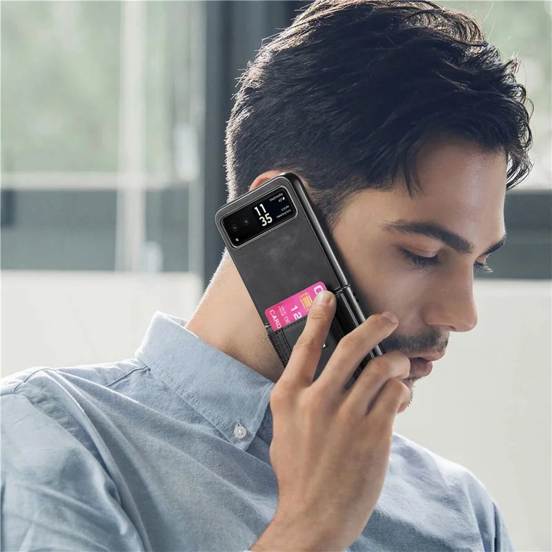 For Motorola Razr 40 5G Case Kickstand Retro Leather Back Cover with Card Holder - Black