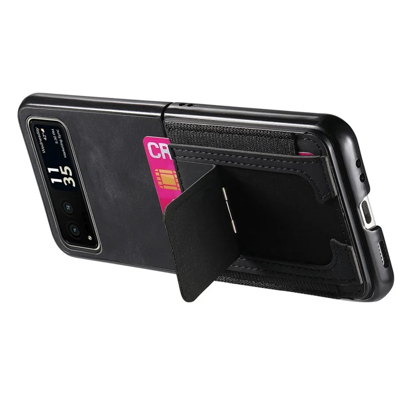 For Motorola Razr 40 5G Case Kickstand Retro Leather Back Cover with Card Holder - Black