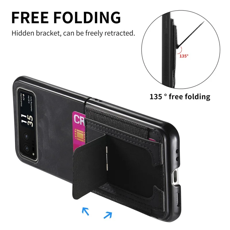 For Motorola Razr 40 5G Case Kickstand Retro Leather Back Cover with Card Holder - Black